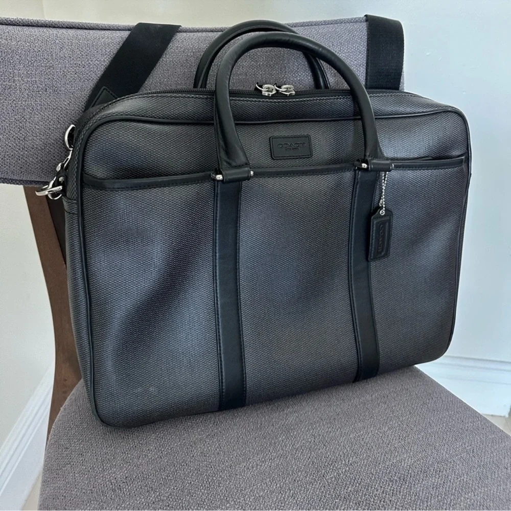 COACH Perry Black & Grey Men's Crossgrain Saffiano Leather Briefcase Laptop Bag